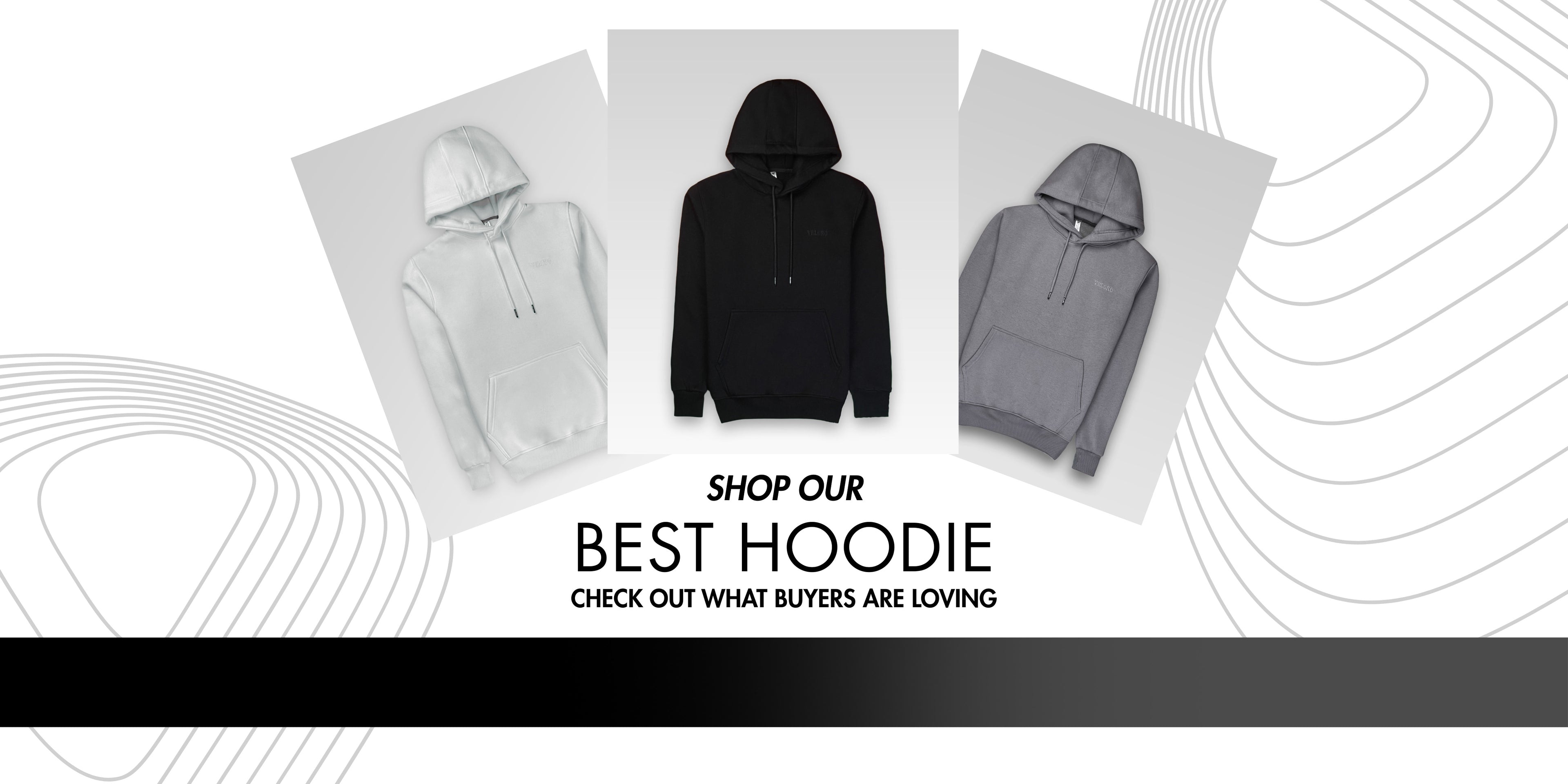 Three hoodies (white, black, gray) displayed on a white background with text promoting hoodie sales.